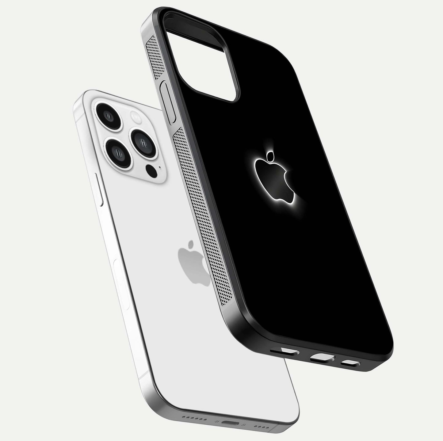 Neon Apple Glow Glass Case for iPhone 13 Pro Max floating dual-view mockup showing HD shine and modern look
