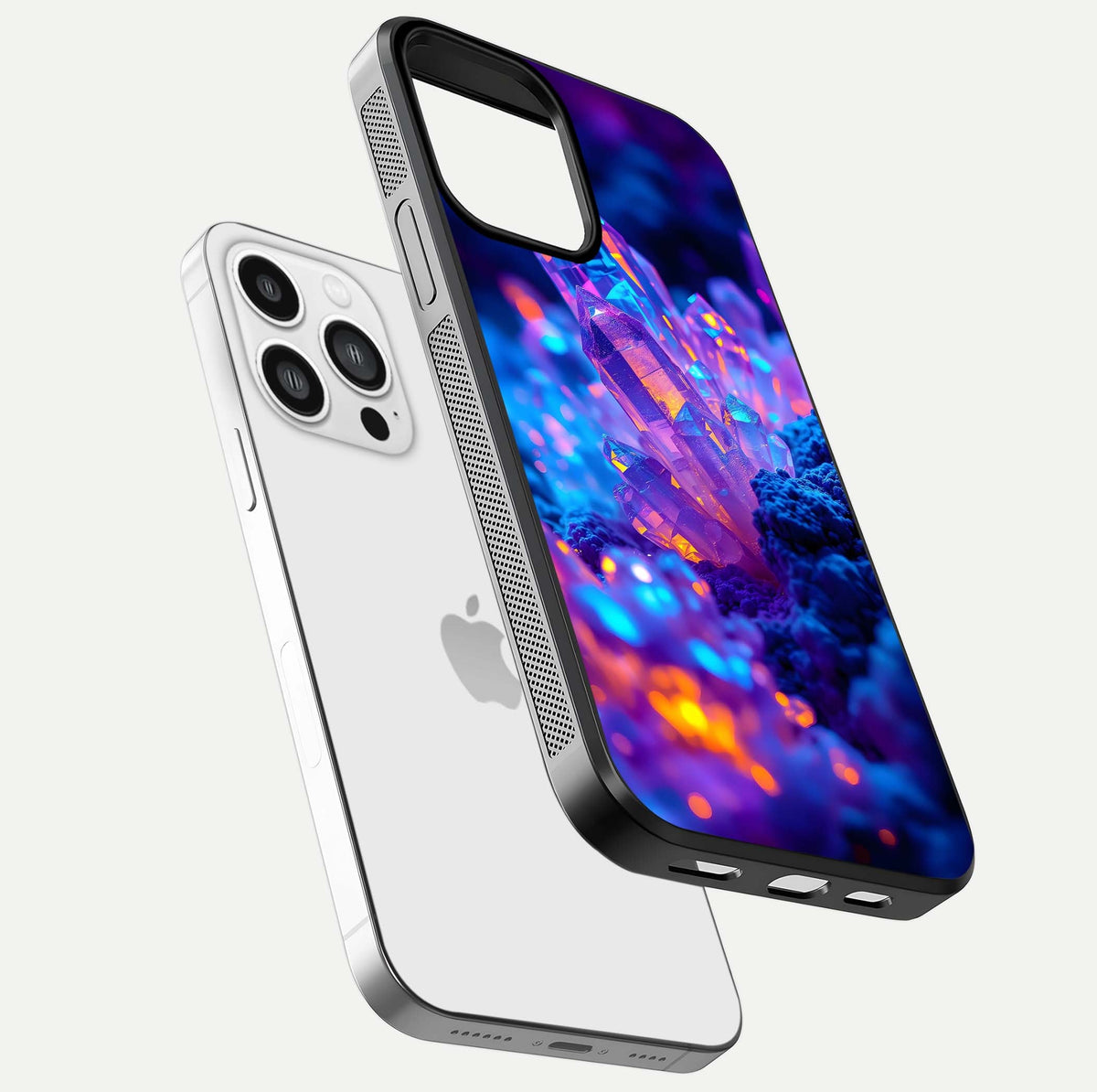 Neon Aura Shards Glass Case for iPhone 13 Pro Max floating dual-view mockup showing HD shine and shard texture