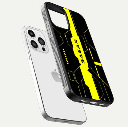Neon CYBERPUNK Custom Name Glass Case for iPhone 13 Pro Max floating dual-view mockup showing HD shine and neon lines