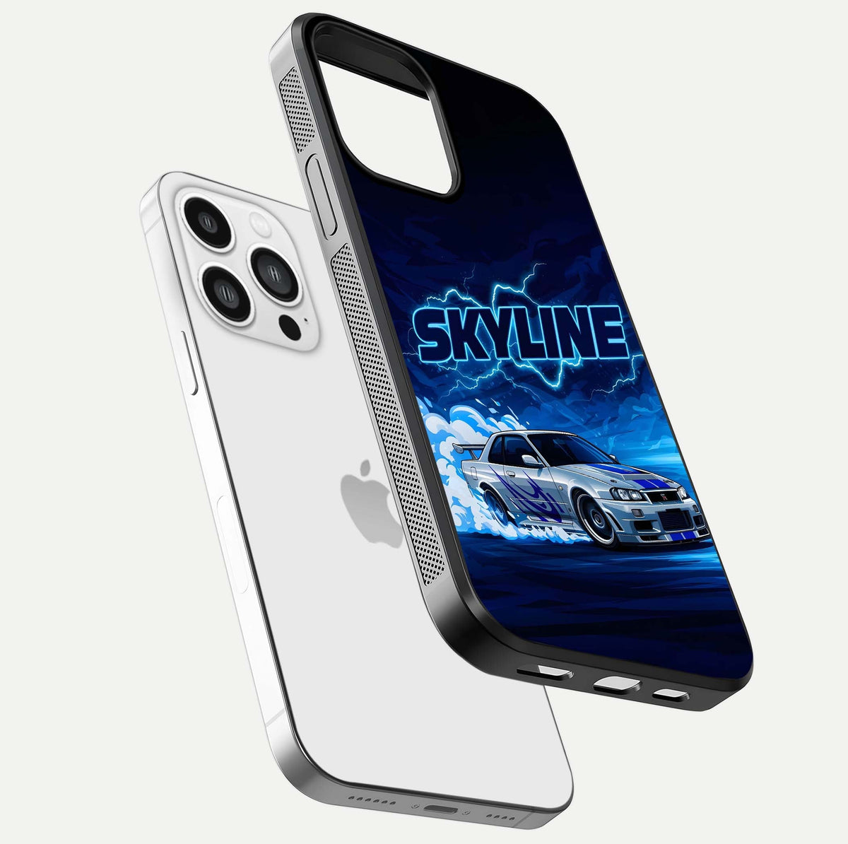 Neon Drift Beast Glass Case for iPhone 13 Pro Max floating dual-view mockup showing gloss texture and motion glow