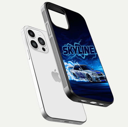 Neon Drift Beast Glass Case for iPhone 13 Pro Max floating dual-view mockup showing gloss texture and motion glow