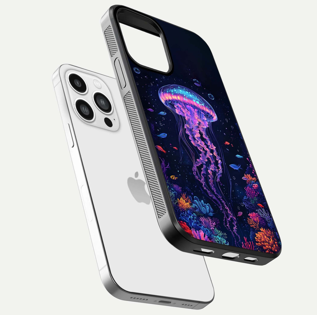 Neon Jellyfish Glass Case for iPhone 13 Pro Max floating dual-view mockup showing gloss texture and underwater glow