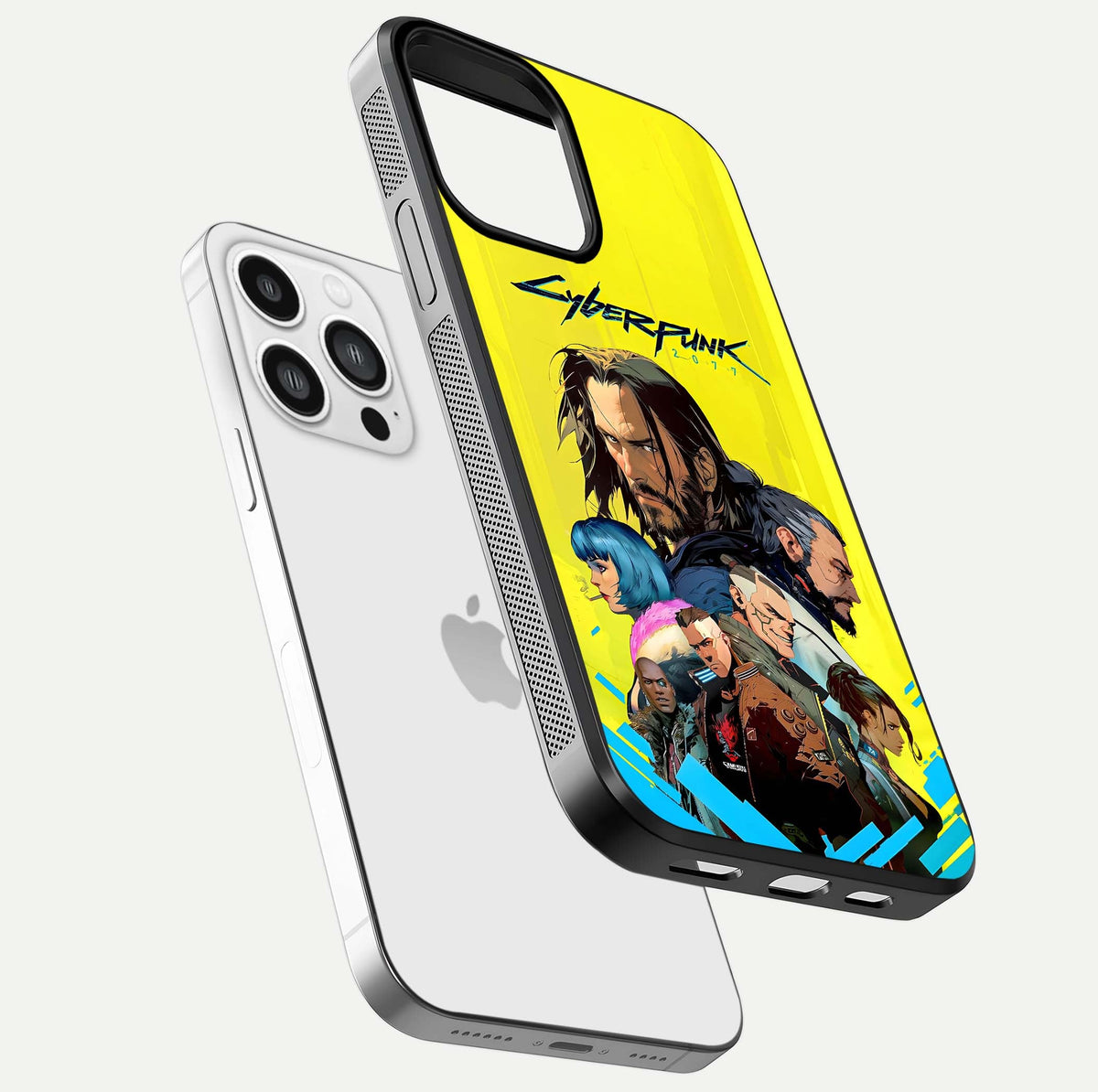 Neon Rebel Genesis Glass Case for iPhone 13 Pro Max floating dual-view mockup showing electric glow and depth