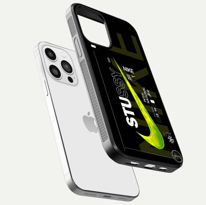Neon Street Edition Glass Case for iPhone 13 Pro Max floating dual-view mockup showing HD gloss and neon glow