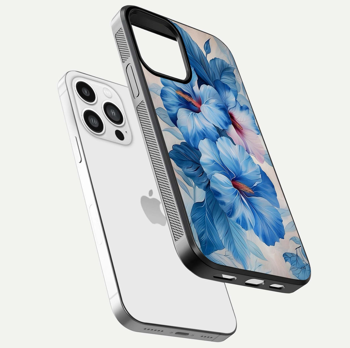 Ocean Hibiscus Grace Glass Case for iPhone 13 Pro Max floating dual-view mockup showing gloss reflection and print clarity