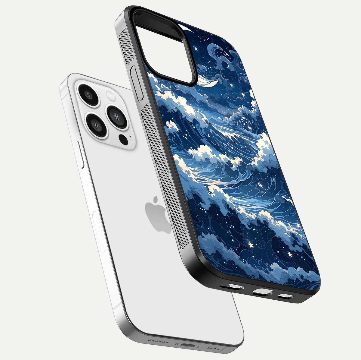 Ocean Moon Waves Glass Case for iPhone 13 Pro Max floating dual-view mockup showing gloss texture and moon glow
