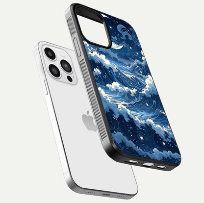 Ocean Moon Waves Glass Case for iPhone 13 Pro Max floating dual-view mockup showing gloss texture and moon glow