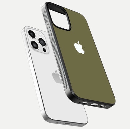 Olive Matte Essence Glass Case for iPhone 13 Pro Max floating dual-view mockup showing matte gloss and depth
