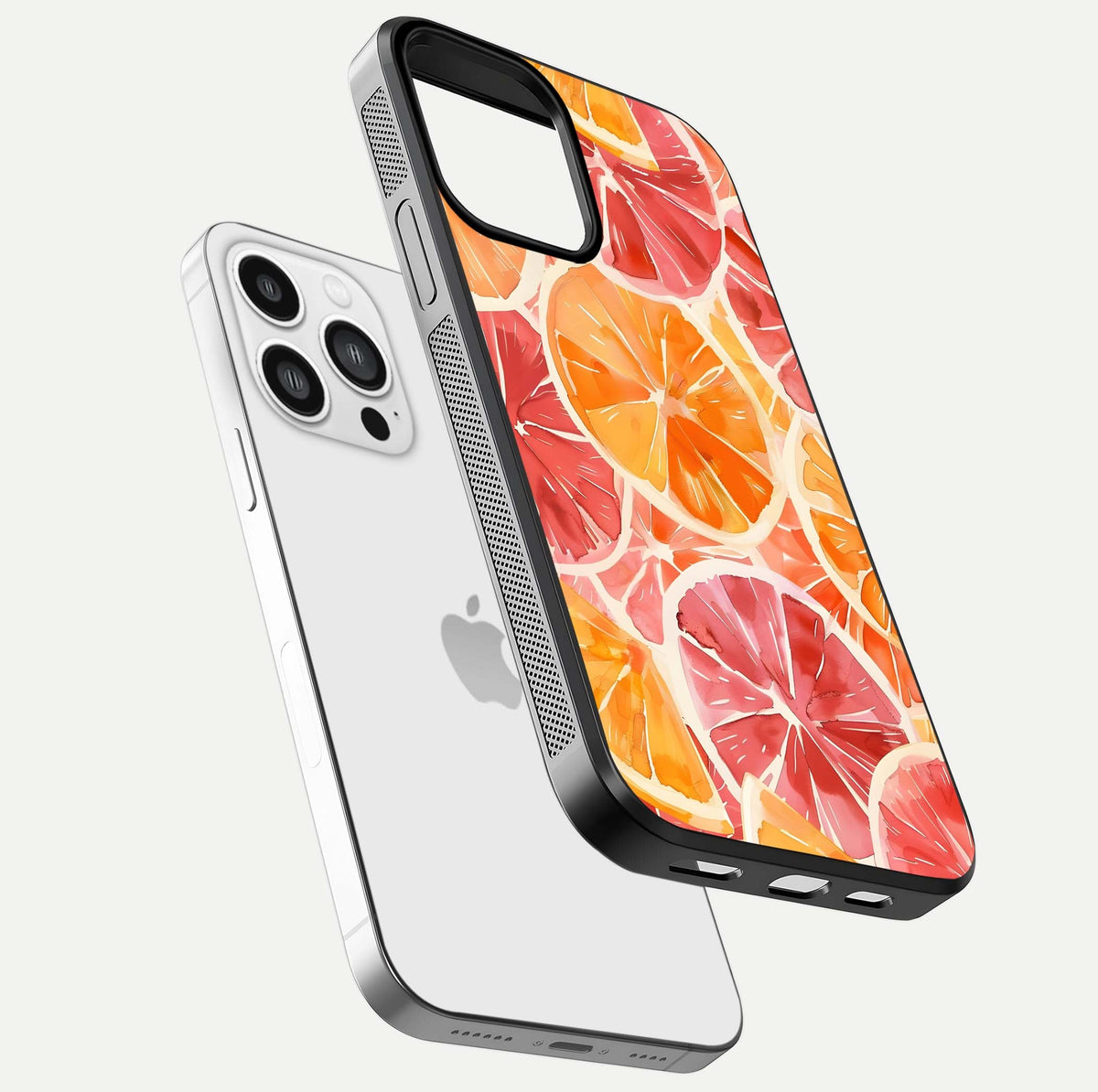 Orange Fruits Pattern Glass Case for iPhone 13 Pro Max floating dual-view mockup showing gloss reflection and HD tone