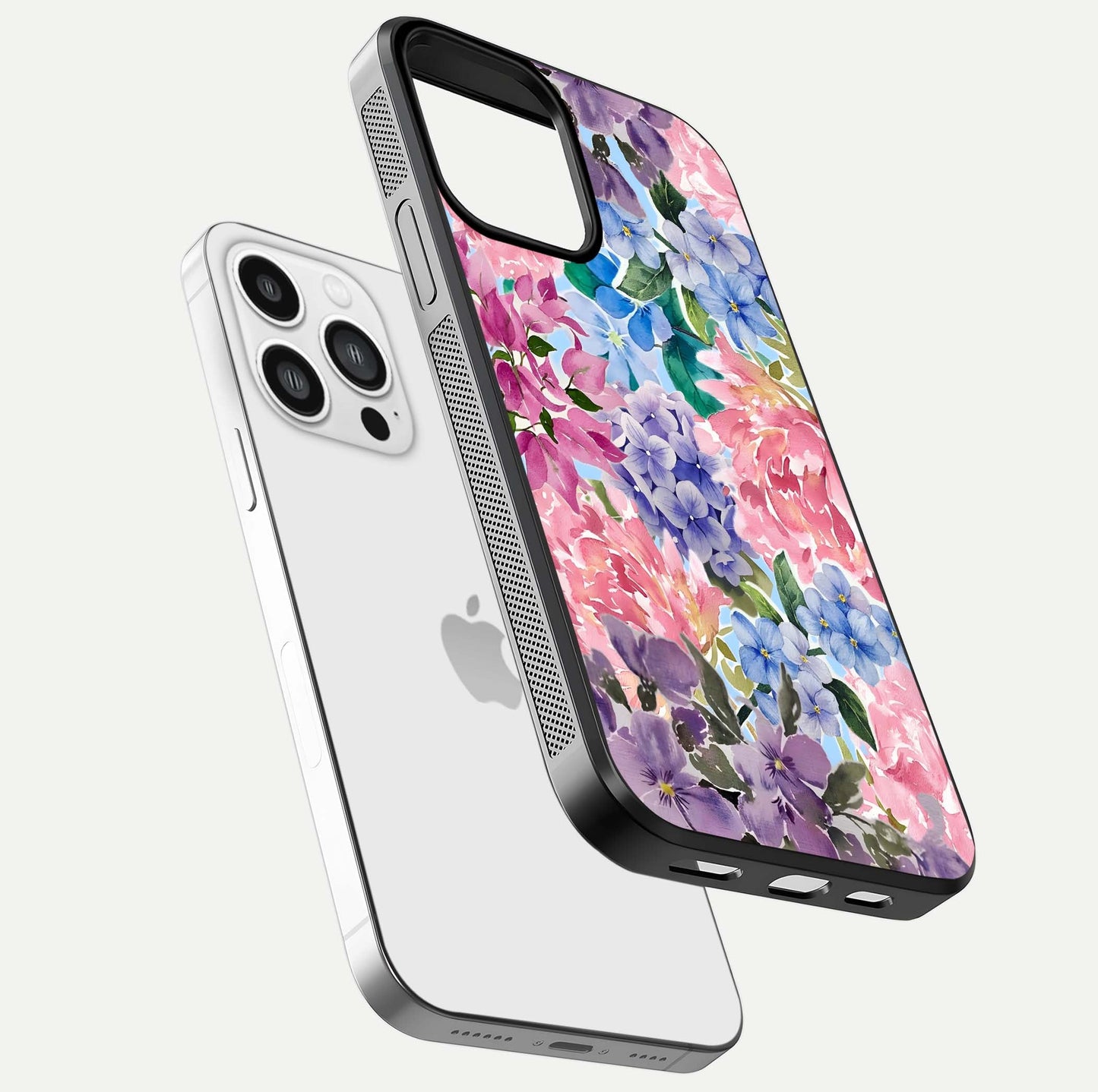 Pastel Floral Mix Glass Case for iPhone 13 Pro Max floating dual-view mockup showing HD gloss and floral texture