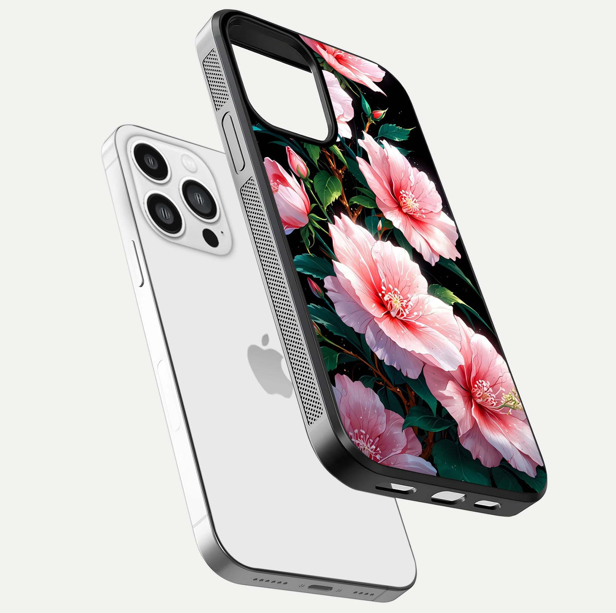 Peach Flower Glass Case for iPhone 13 Pro Max floating dual-view mockup displaying shine and delicate flower art