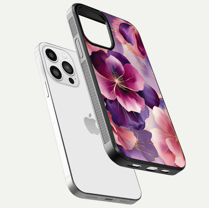 Pink Bouquet Florals Glass Case for iPhone 13 Pro Max floating dual-view mockup showing gloss surface and color depth