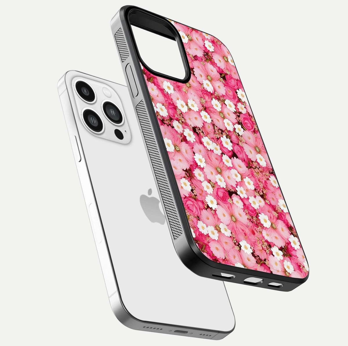 Pink Daisy Bliss Glass Case for iPhone 13 Pro Max floating dual-view mockup displaying gloss shine and pastel tones
