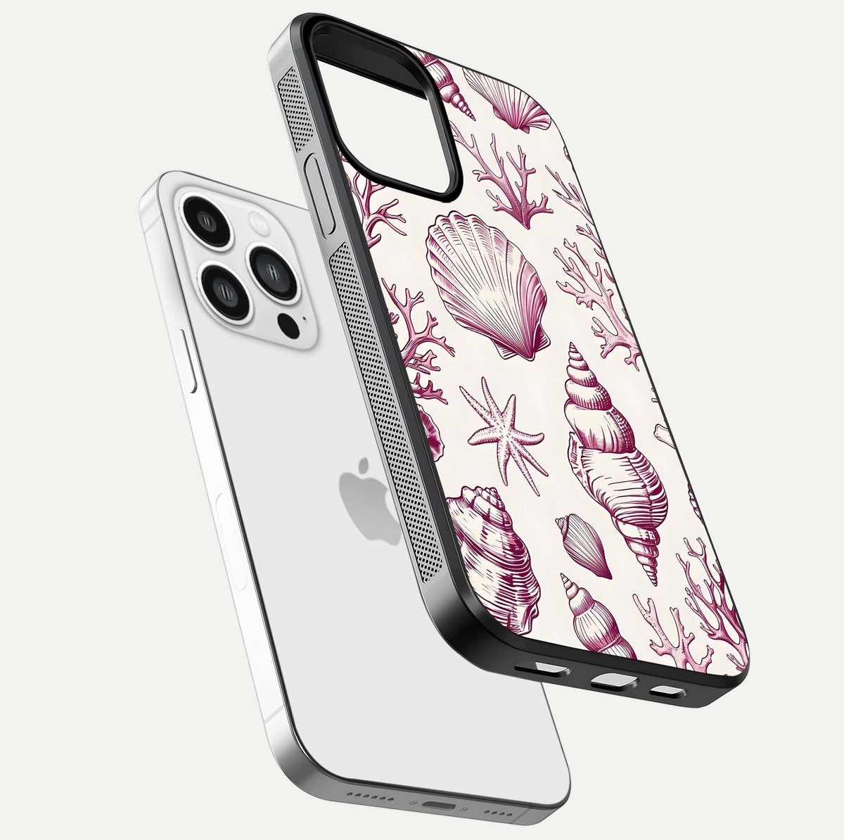 Pink Shells Outline Glass Case for iPhone 13 Pro Max floating dual-view mockup displaying gloss and ocean vibe