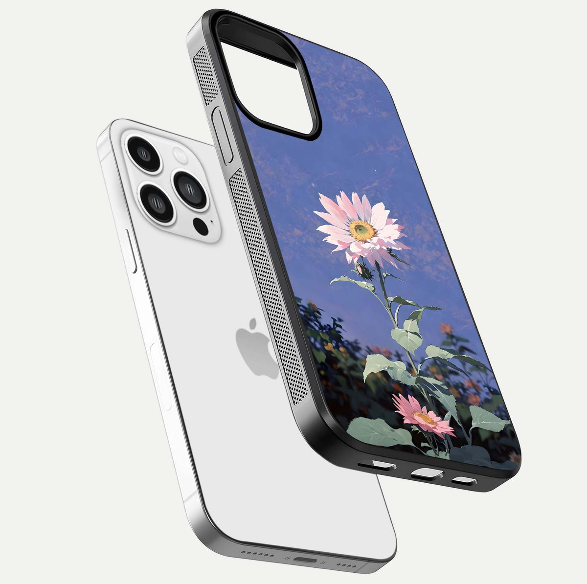 Pink Sunflower Glow Glass Case for iPhone 13 Pro Max floating dual-view mockup showing gloss reflection and design depth