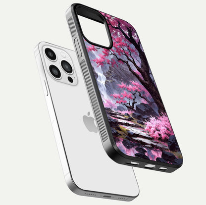 Pinkish Scenery Glass Case for iPhone 13 Pro Max floating dual-view mockup displaying gloss shine and artistic tone