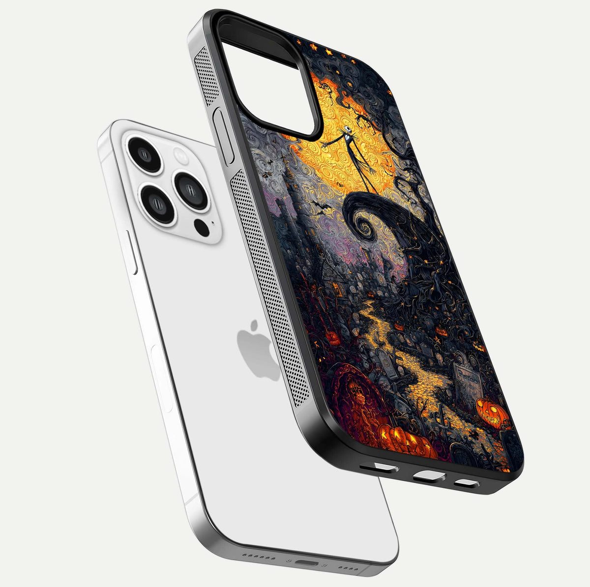 Pumpkin Moon Night Glass Case for iPhone 13 Pro Max floating dual-view mockup showing HD gloss and spooky detail