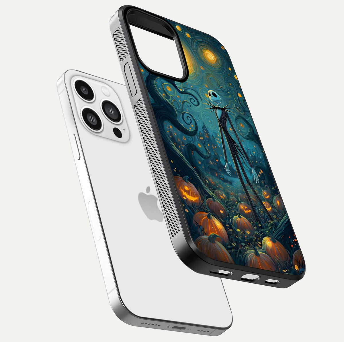 Pumpkin Moonlight Tale Glass Case for iPhone 13 Pro Max floating dual-view mockup showing HD gloss and eerie design