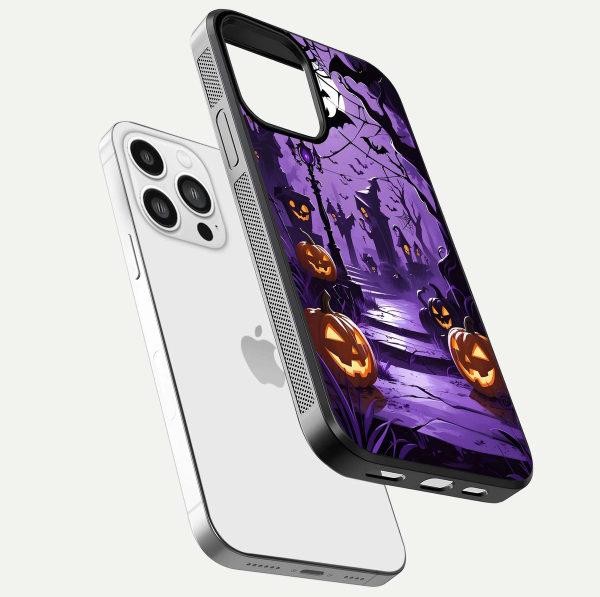 Pumpkin Patch Halloween Glass Case for iPhone 13 Pro Max floating dual-view mockup displaying gloss and dark tone