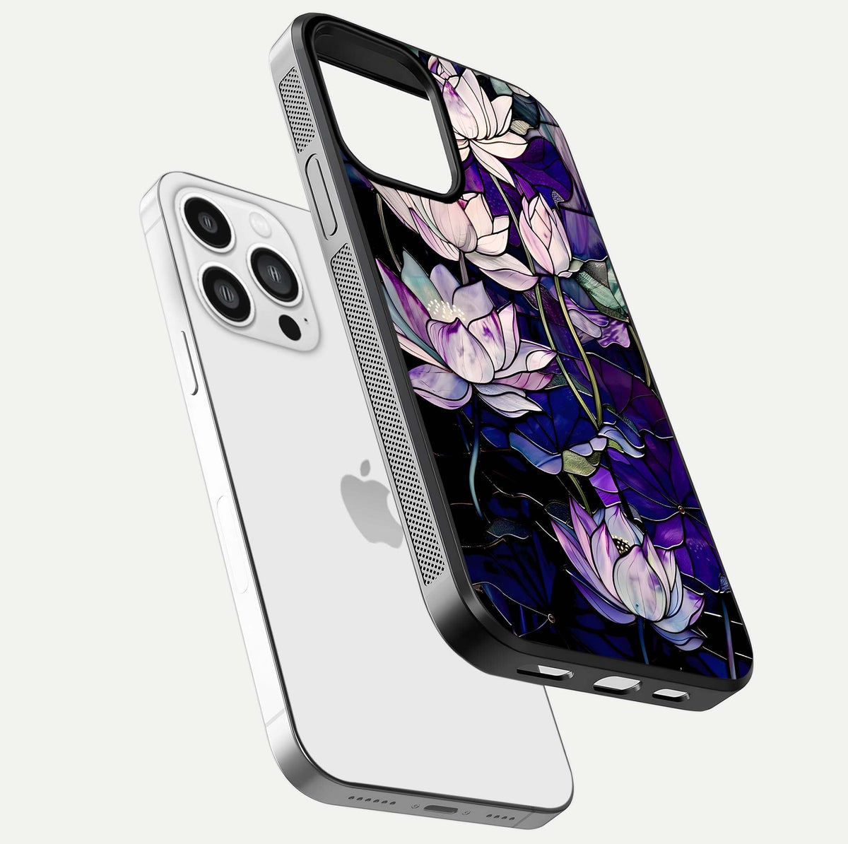 Purple Lotus Pattern Glass Case for iPhone 13 Pro Max floating dual-view mockup showing glass shine and vivid purple hue