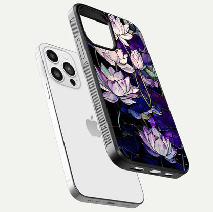 Purple Lotus Pattern Glass Case for iPhone 13 Pro Max floating dual-view mockup showing glass shine and vivid purple hue