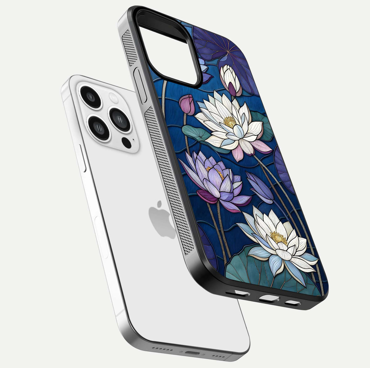 Purple Lotus Stained Glass Case for iPhone 13 Pro Max floating dual-view mockup displaying color depth and glass clarity