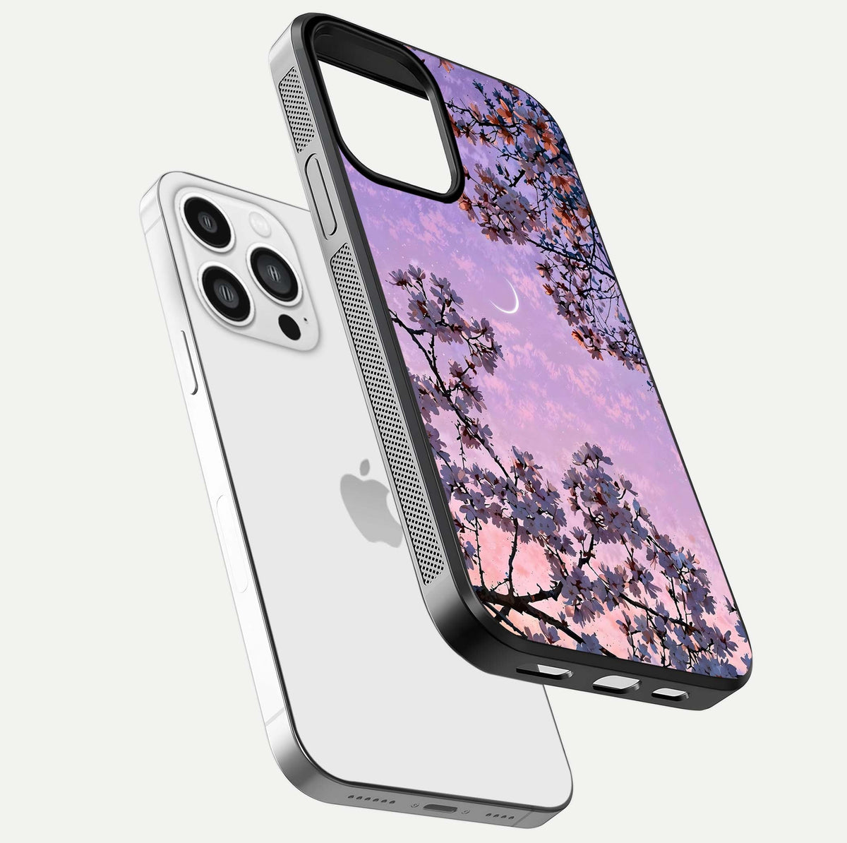 Purple Serenity Moon Glass Case for iPhone 13 Pro Max floating dual-view mockup showing gloss and cosmic detail