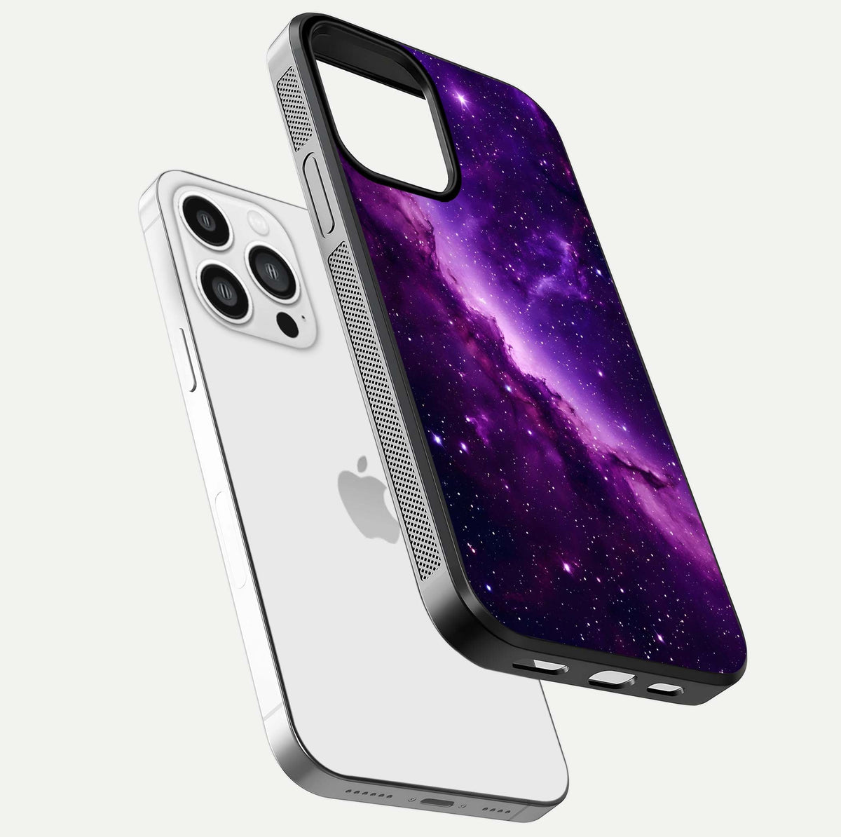 Purple Shade Sky Glass Case for iPhone 13 Pro Max floating dual-view mockup displaying gloss and sky theme