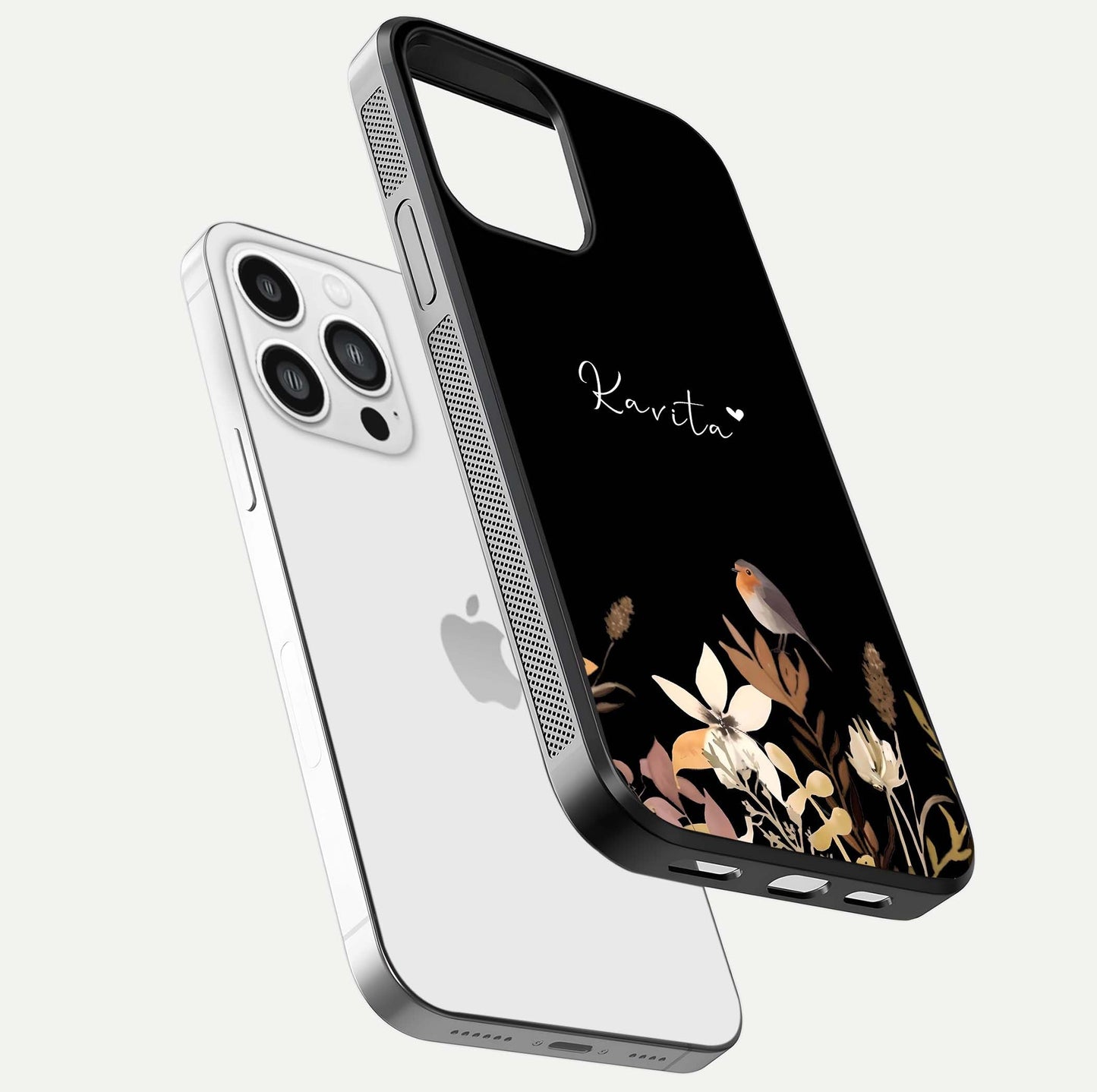 Quiet Garden Tune Custom Name Glass Case for iPhone 13 Pro Max floating dual-view mockup showing gloss and elegant detail