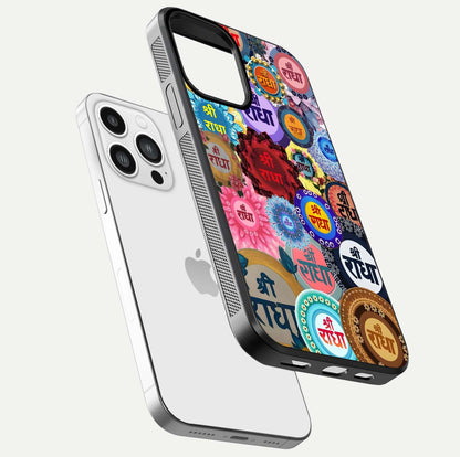 Radha Divine Bloom Glass Case for iPhone 13 Pro Max floating dual-view mockup showing gloss depth and HD art