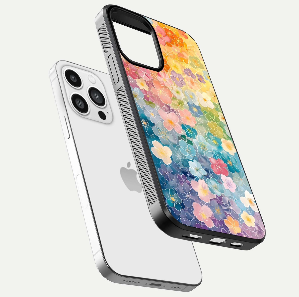 Rainbow Blossom Burst Glass Case for iPhone 13 Pro Max floating dual-view mockup displaying gloss and gradient pattern