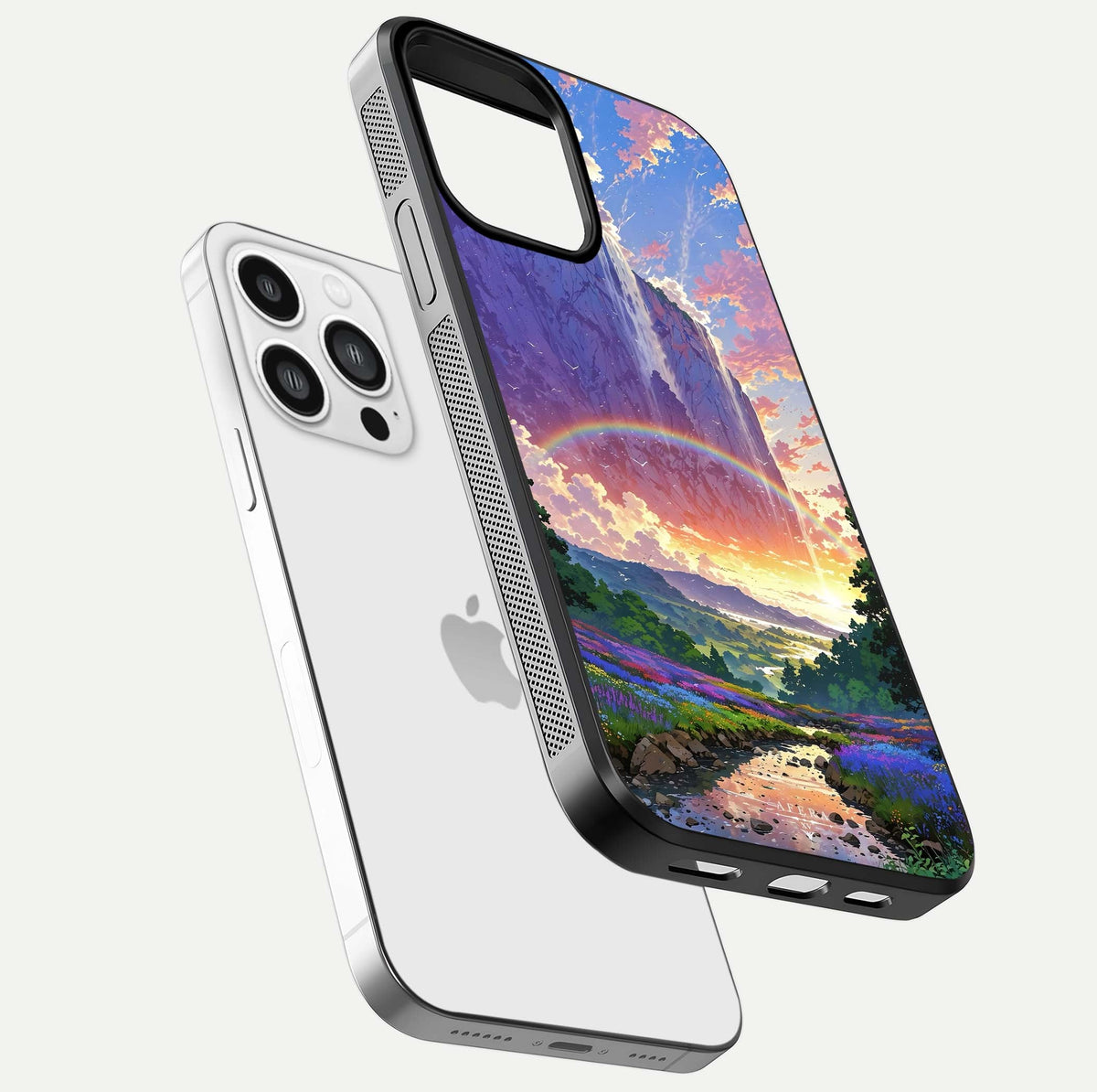 Rainbow Valley Dream Glass Case for iPhone 13 Pro Max floating dual-view mockup showing gloss texture and dream vibe