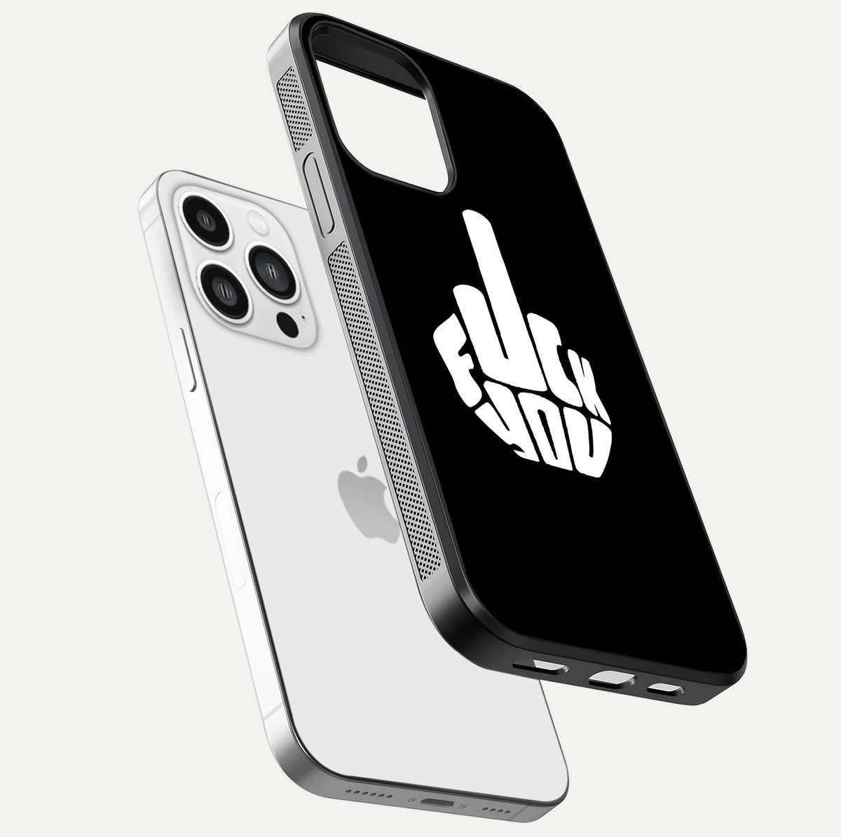 Rebel Mode On Glass Case for iPhone 13 Pro Max floating dual-view mockup displaying gloss shine and statement art