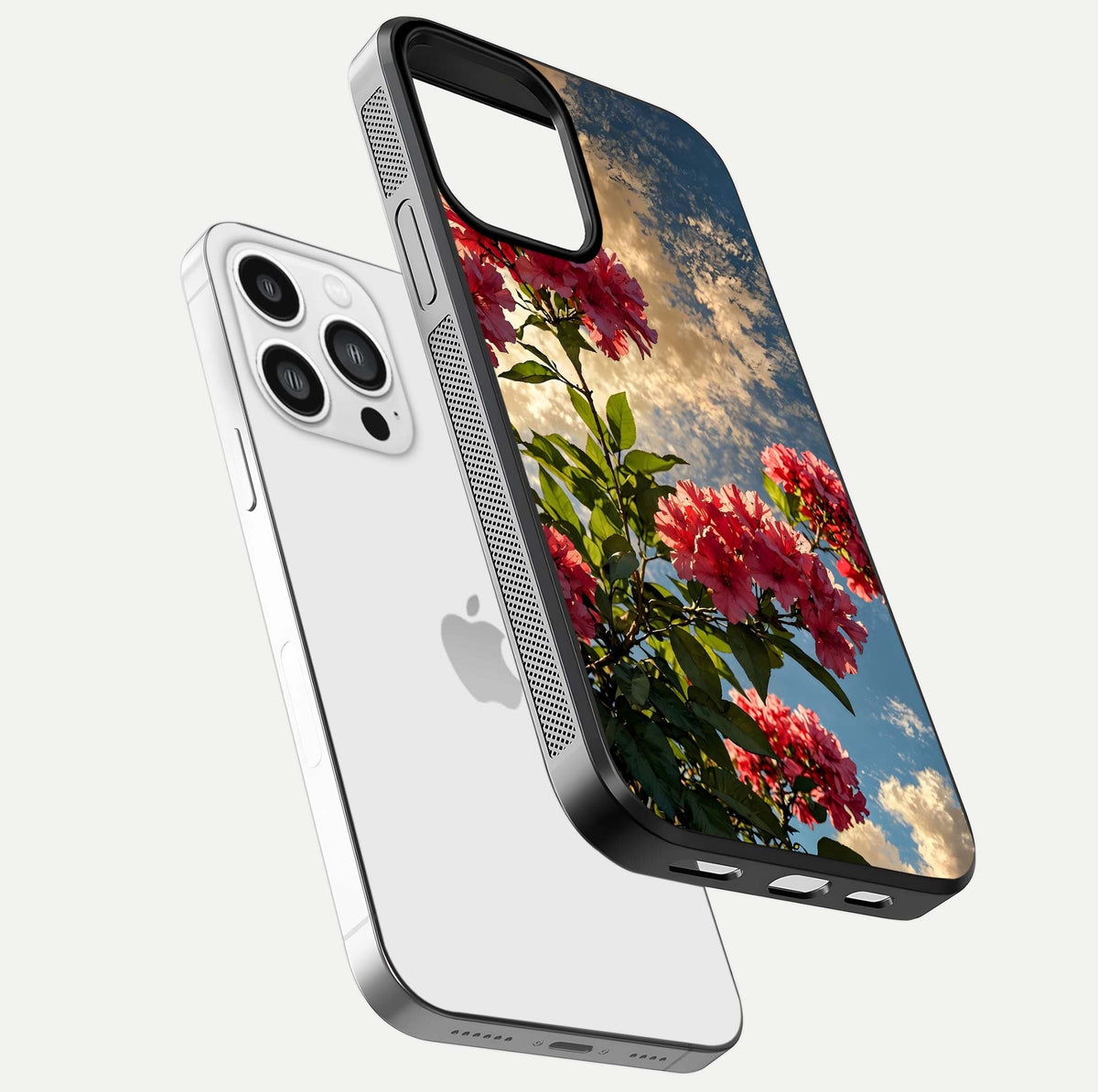 Red Bloom Skies Glass Case for iPhone 13 Pro Max floating dual-view mockup showing glass gloss and floral pattern