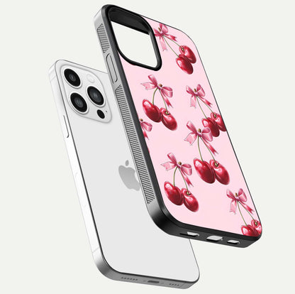 Red Cherries Pattern Glass Case for iPhone 13 Pro Max floating dual-view mockup showing gloss and color contrast