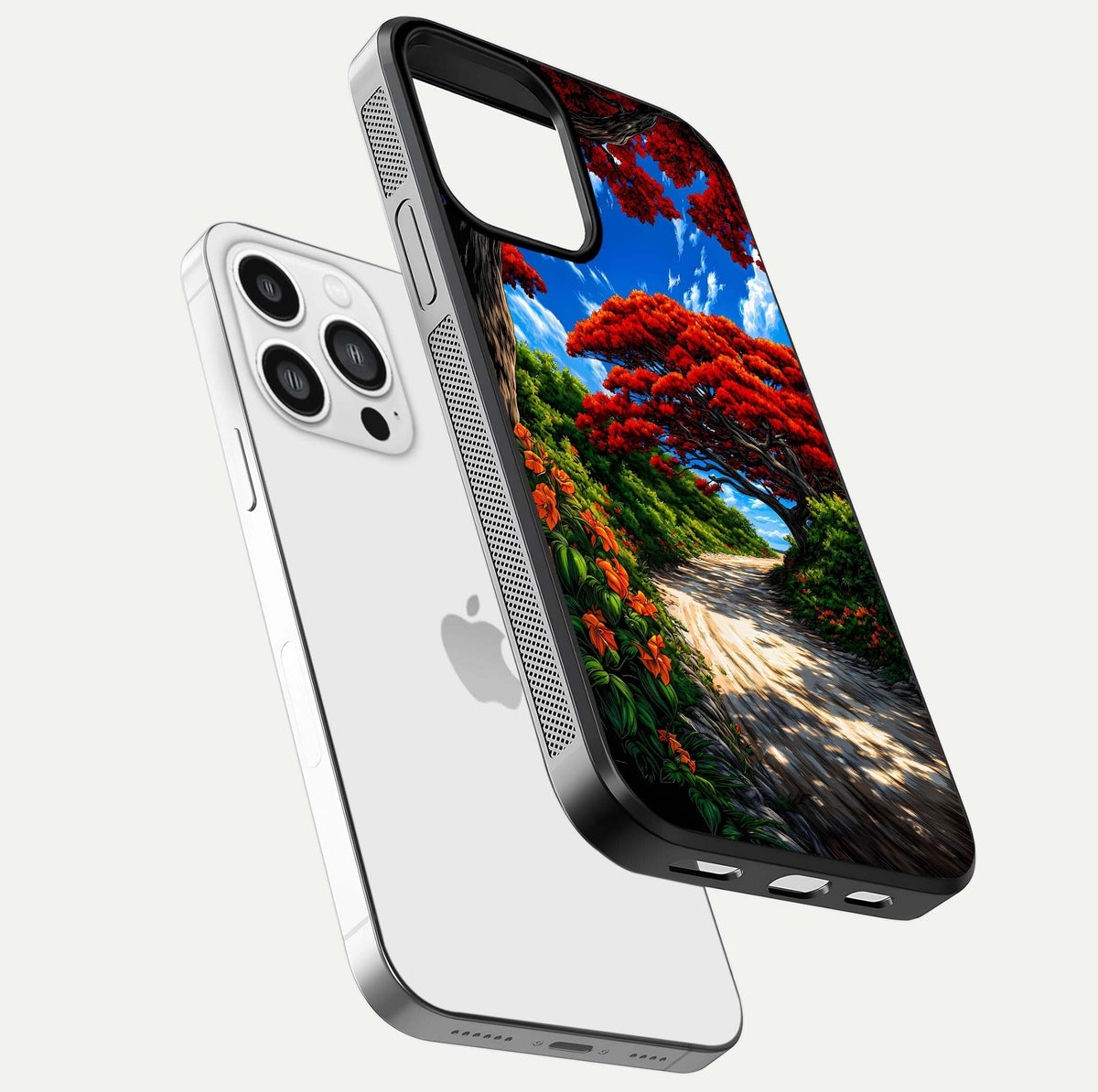Red Trees Pathway Glass Case for iPhone 13 Pro Max floating dual-view mockup displaying gloss texture and print depth