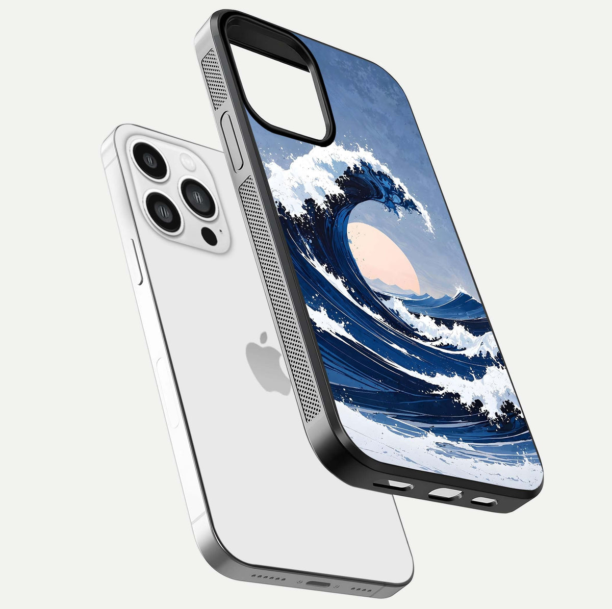 Rising Tide Power Glass Case for iPhone 13 Pro Max floating dual-view mockup displaying gloss texture and flow pattern