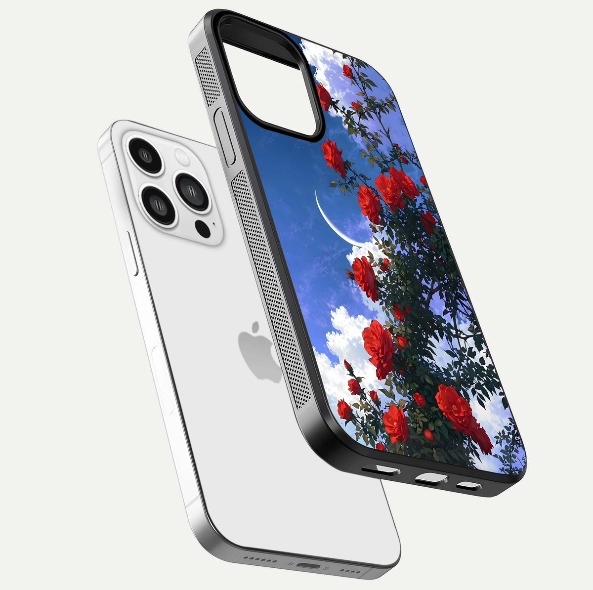 Rose Drift Flowers Glass Case for iPhone 13 Pro Max floating dual-view mockup showing gloss shine and floral tone