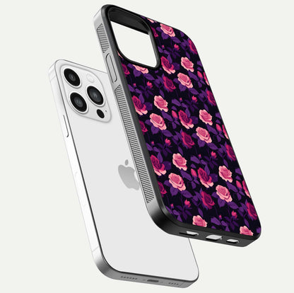 Rose Garden Twilight Glass Case for iPhone 13 Pro Max floating dual-view mockup displaying gloss surface and depth