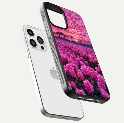 Rose Sunset Valley Glass Case for iPhone 13 Pro Max floating dual-view mockup showing gloss reflection and art depth