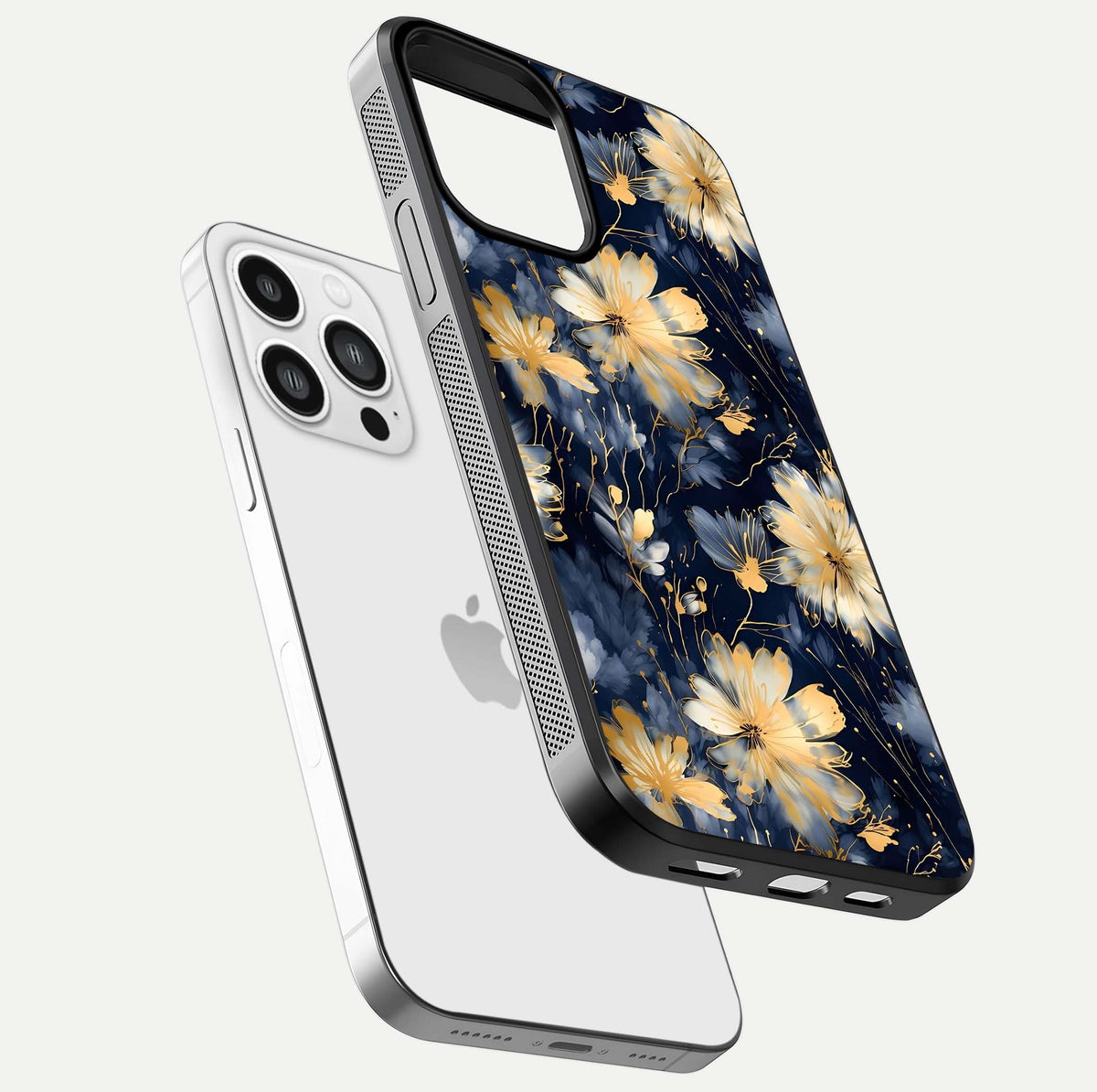 Royal Petal Dream Glass Case for iPhone 13 Pro Max floating dual-view mockup displaying gloss reflection and tone contrast