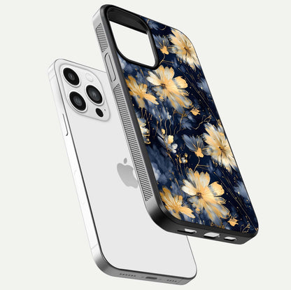 Royal Petal Dream Glass Case for iPhone 13 Pro Max floating dual-view mockup displaying gloss reflection and tone contrast