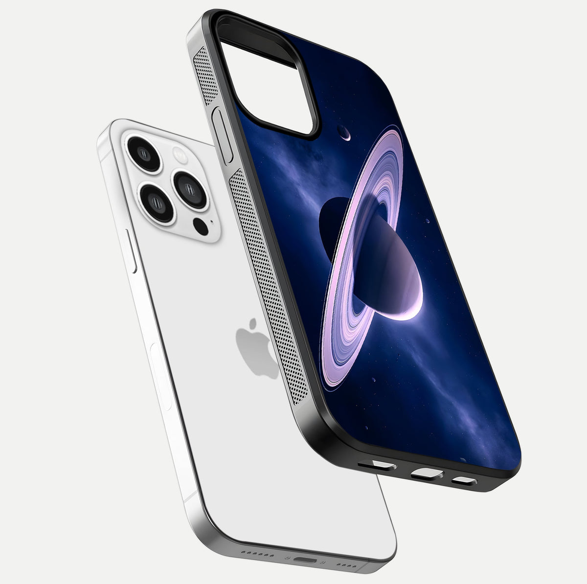 Saturn Ring Mystique Glass Case for iPhone 13 Pro Max floating dual-view mockup showing gloss finish and star detail