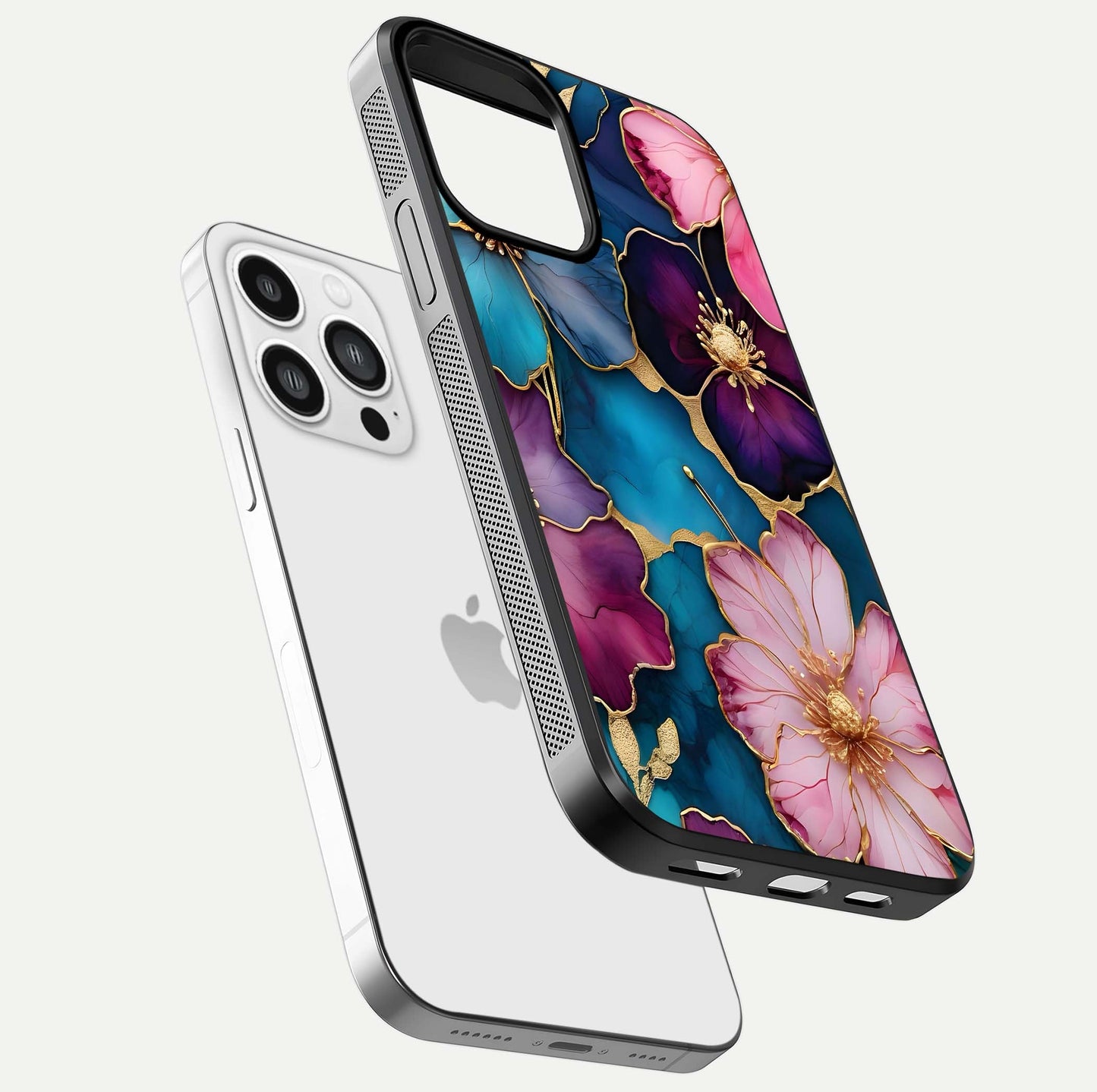 Sparkle Floral Glass Case for iPhone 13 Pro Max floating dual-view mockup displaying gloss surface and sparkle effect