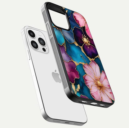 Sparkle Floral Glass Case for iPhone 13 Pro Max floating dual-view mockup displaying gloss surface and sparkle effect