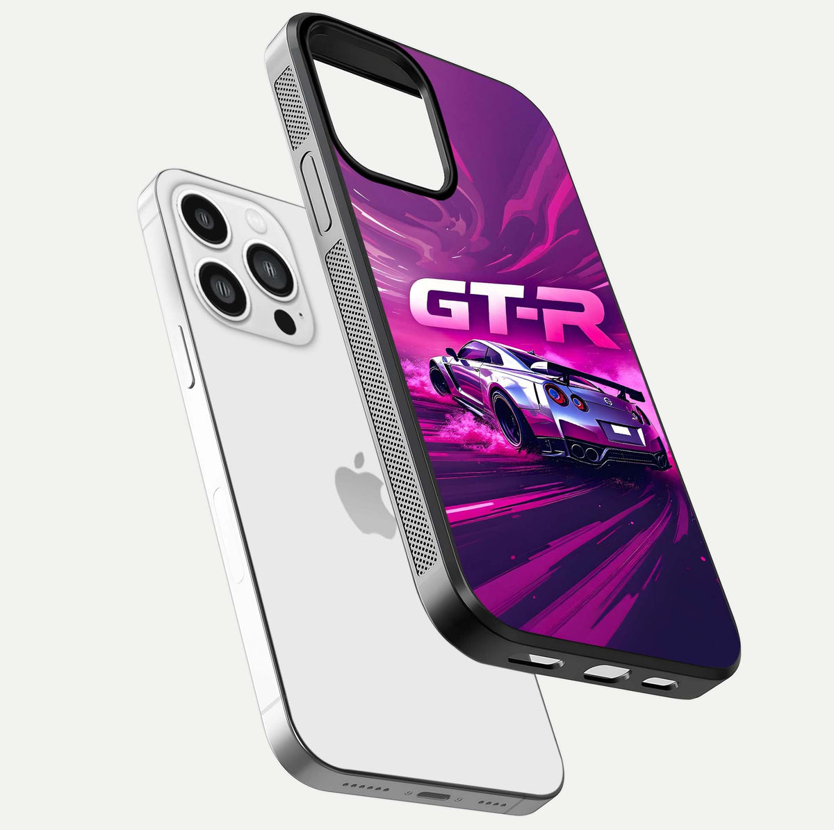 Speed Drift Legend Glass Case for iPhone 13 Pro Max floating dual-view mockup displaying gloss shine and motion effect