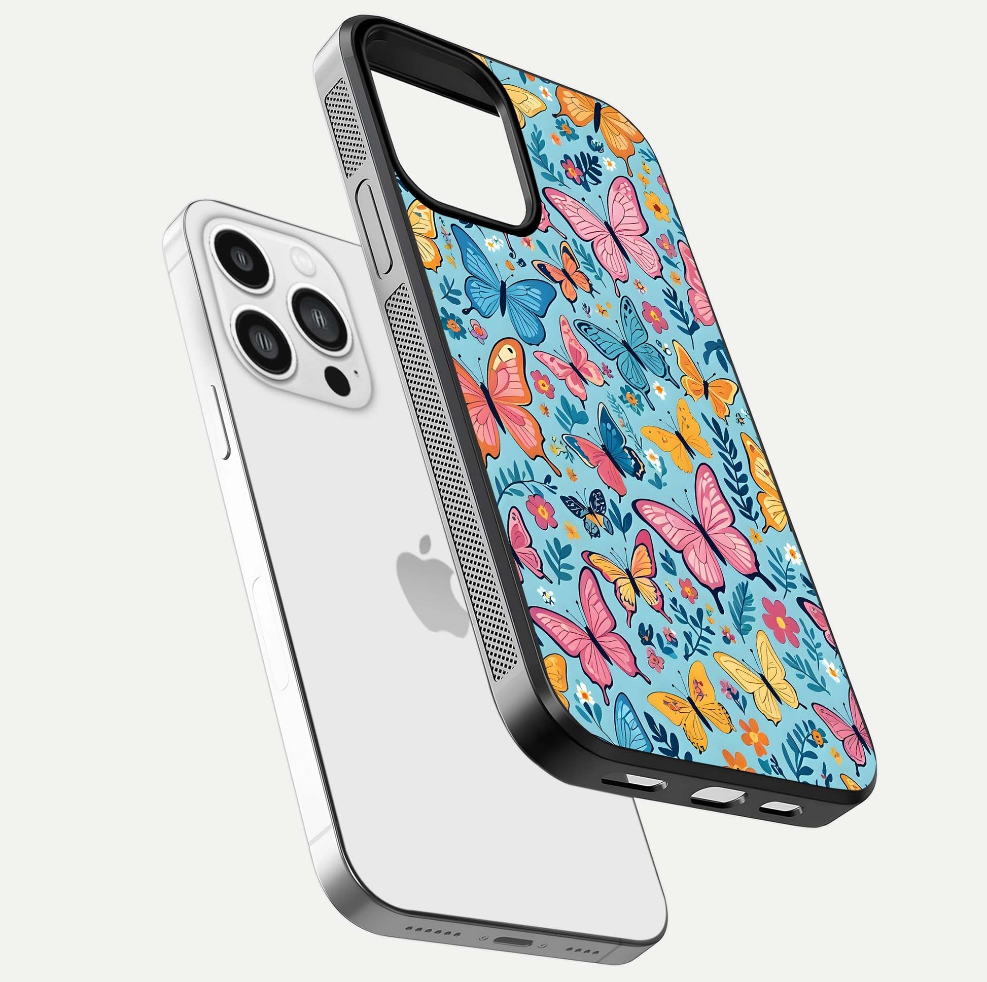 Spiritual Krishna Glass Case for iPhone 13 Pro Max floating dual-view mockup displaying gloss shine and divine detail