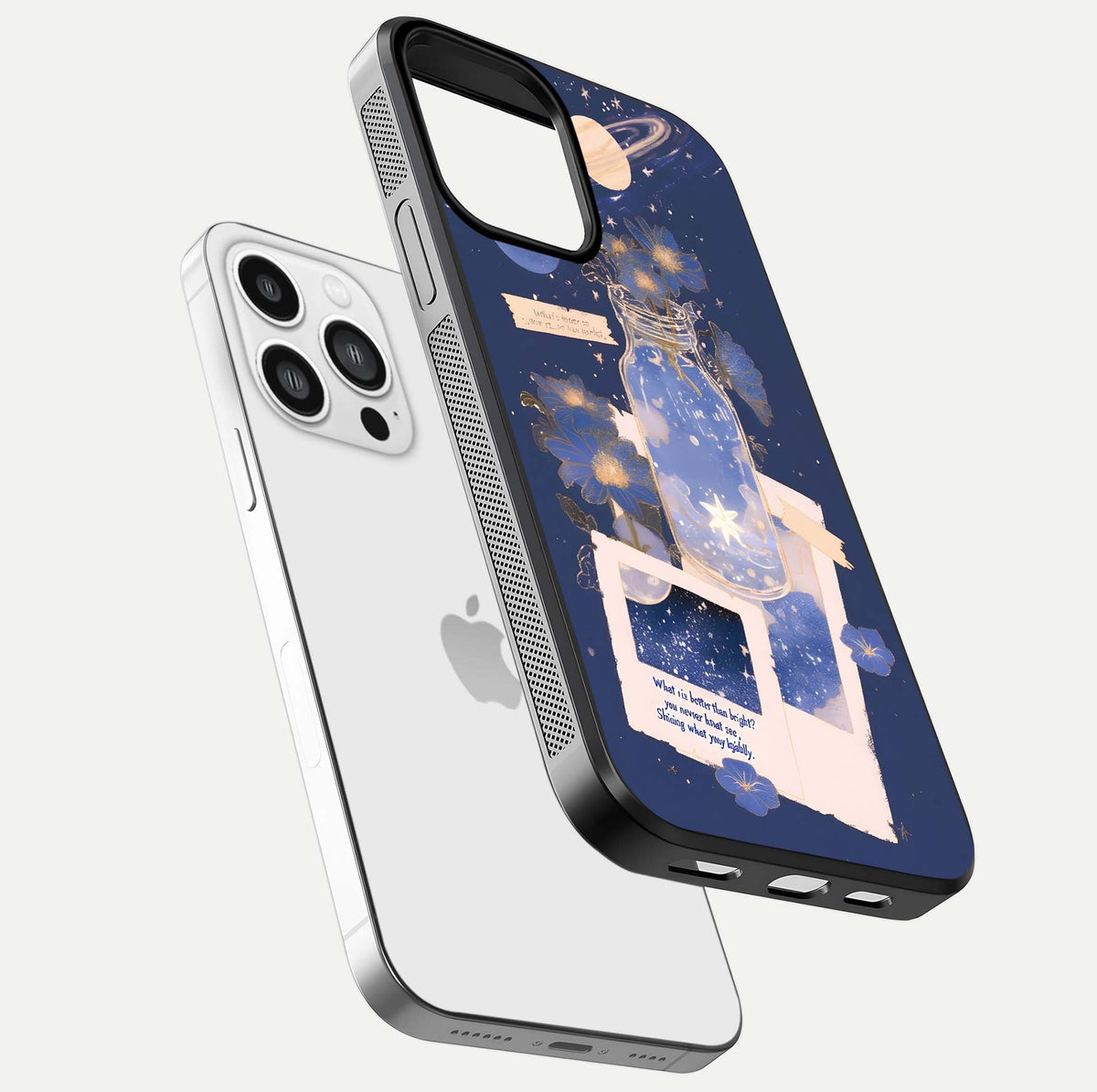Starlit Cosmic Jar Glass Case for iPhone 13 Pro Max floating dual-view mockup displaying gloss and starry depth