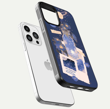 Starlit Cosmic Jar Glass Case for iPhone 13 Pro Max floating dual-view mockup displaying gloss and starry depth