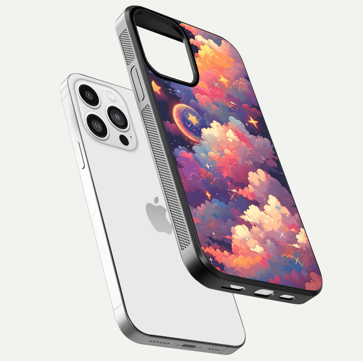 Starlit Dream Clouds Glass Case for iPhone 13 Pro Max floating dual-view mockup displaying gloss and soft light detail